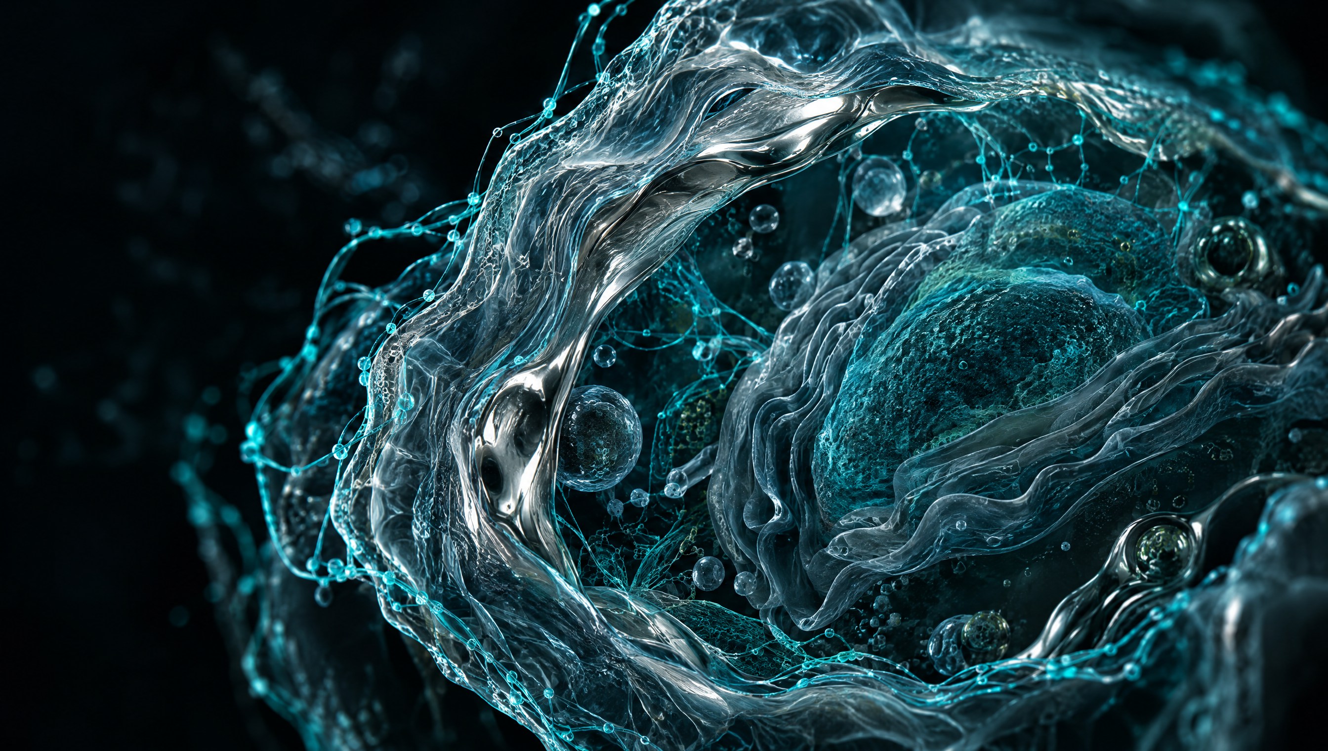 Structure cellulaire abstraite, éclairée de filaments cyan