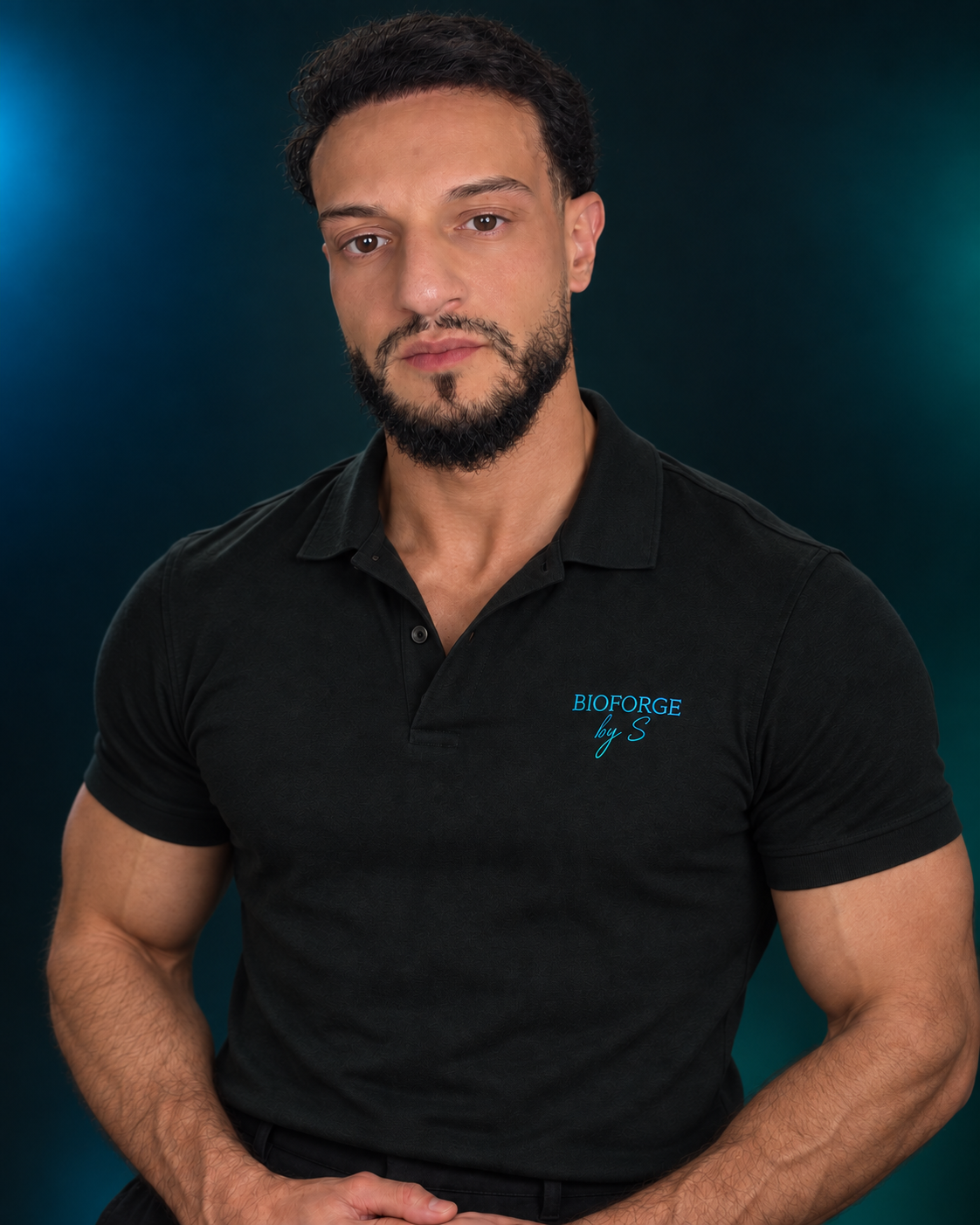Soufian, fondateur de BioForge by S, en polo BioForge sombre, portrait du haut du corps